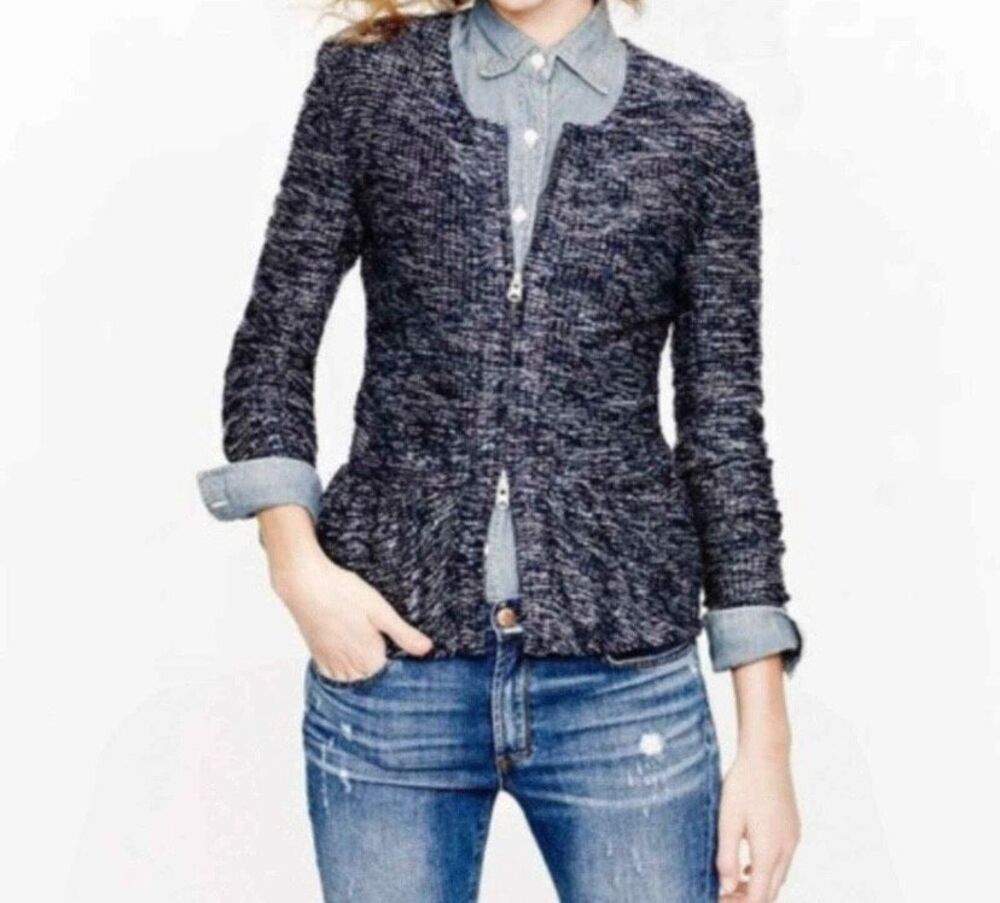 J.Crew women’s blue tweed boucle stretch, full zip jacket S